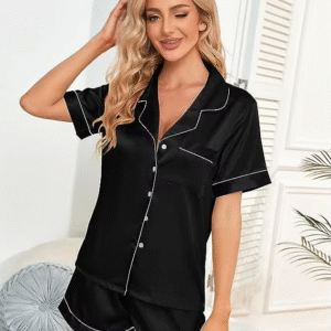 Womens Silk Satin Pajamas Short Sleeve Loungewear Two-Piece Sleepwear Button-Down Pj Set