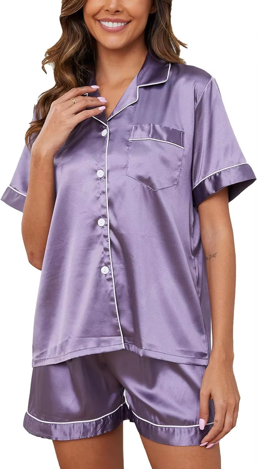 Womens Silk Satin Pajamas Short Sleeve Loungewear Two-Piece Sleepwear Button-Down Pj Set - Image 2