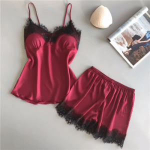 Womens Lingerie Sleepwear Lace Satin 2 Pieces Pajamas Short Set