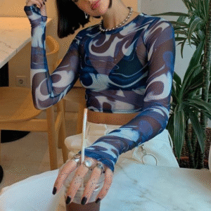 New Arrival Latest DesignBulk Fashion Work Out Lady Long Sleeve Female Print Mesh Crop Tops for Women