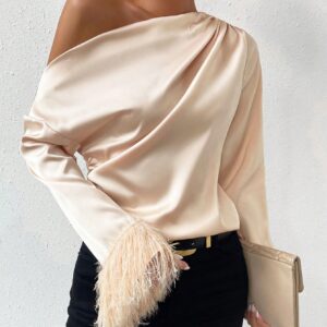 Long Sleeve Stain Silk Blouses Off Shoulder Women's Blouses Shirts Fuzzy Cuff Asymmetrical Neck Fitted Satin Blouse