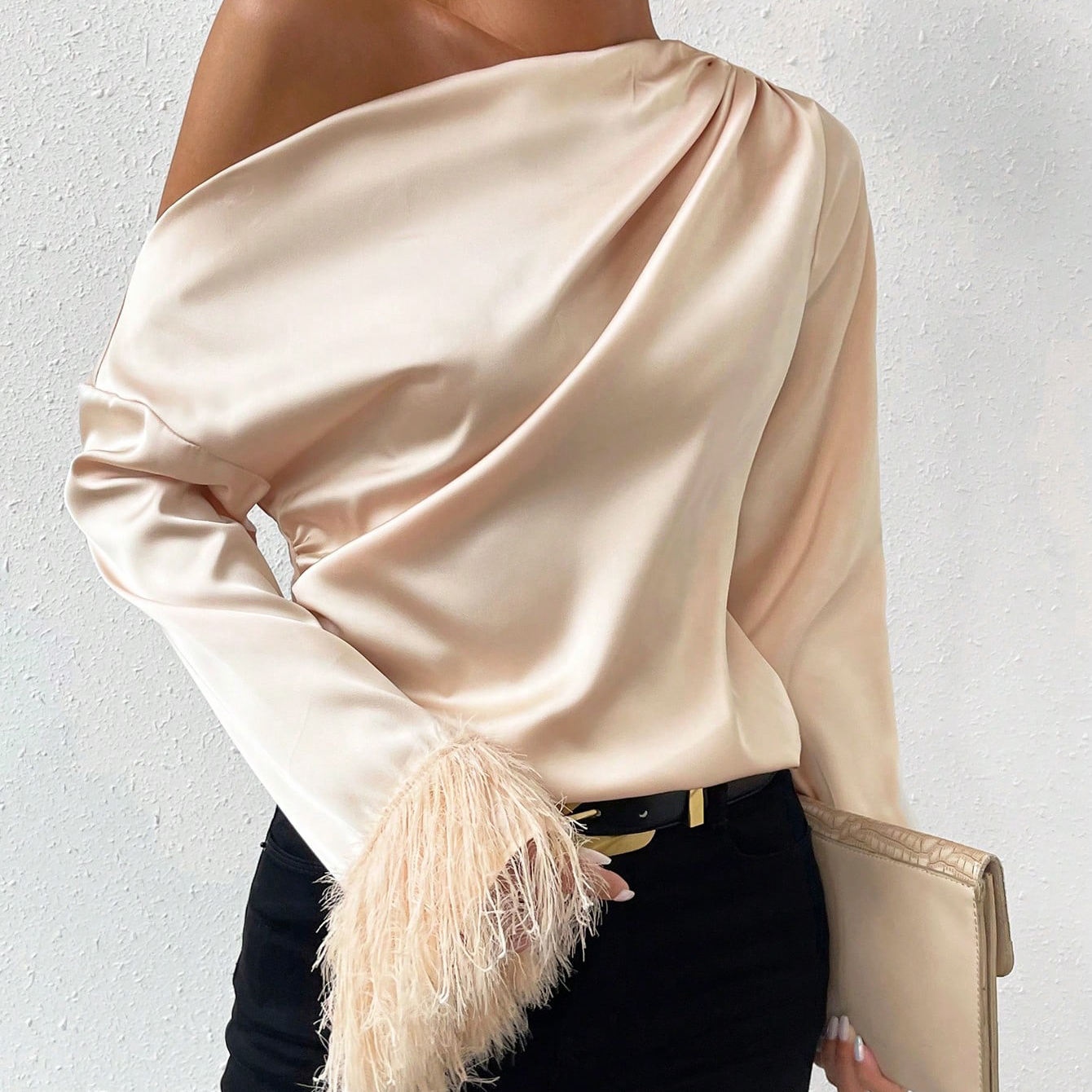 Long Sleeve Stain Silk Blouses Off Shoulder Women's Blouses Shirts Fuzzy Cuff Asymmetrical Neck Fitted Satin Blouse