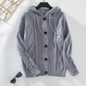 Hooded Drawstring Knit Cardigan Autumn and Winter New Twist Sweater Women's Solid Color Medium Long Coat