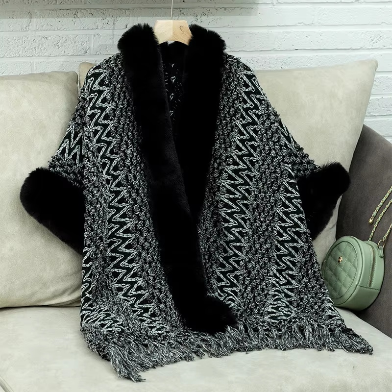 Autumn and Winter Striped Knitted Streamer Cape Woman Loose Ethnic Style Sweater Cardigan Shawl Woman - Image 2