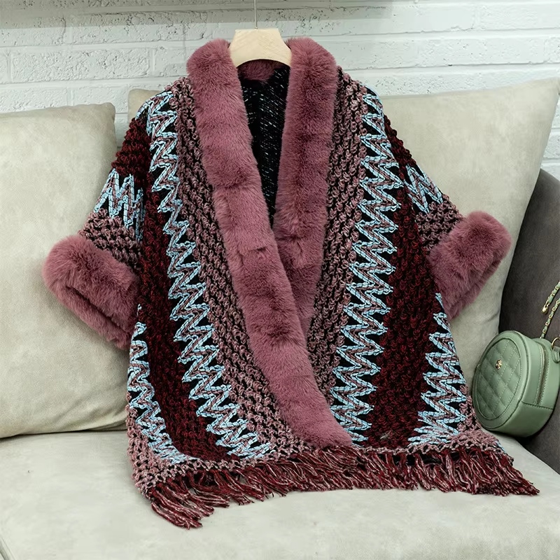 Autumn and Winter Striped Knitted Streamer Cape Woman Loose Ethnic Style Sweater Cardigan Shawl Woman - Image 4