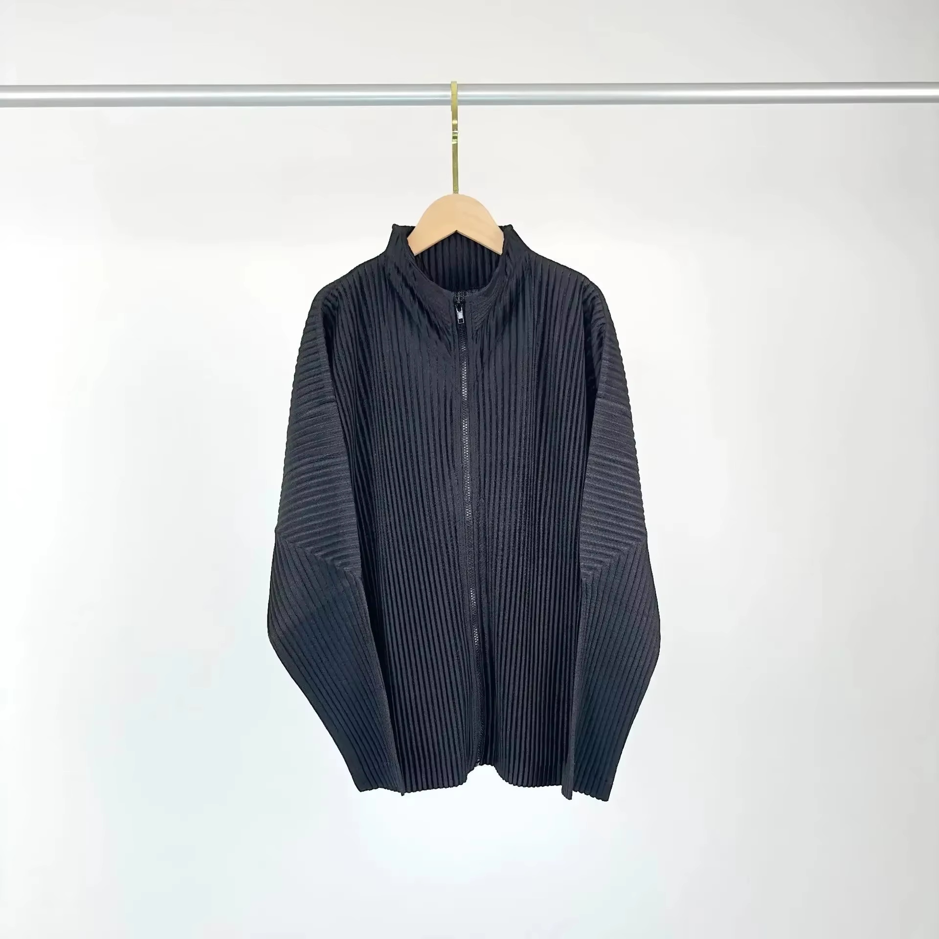 Standing Neck Zipper Long Sleeve Jacket Man CoatAutumn Casual Simple Cool Man Wearing Fashion Pleats for Man - Image 6