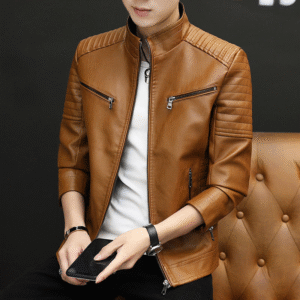 Fashion Men Clothing Stand Collar PU Faux Leather Motorcycle Jacket Slim Fit Causal Coat