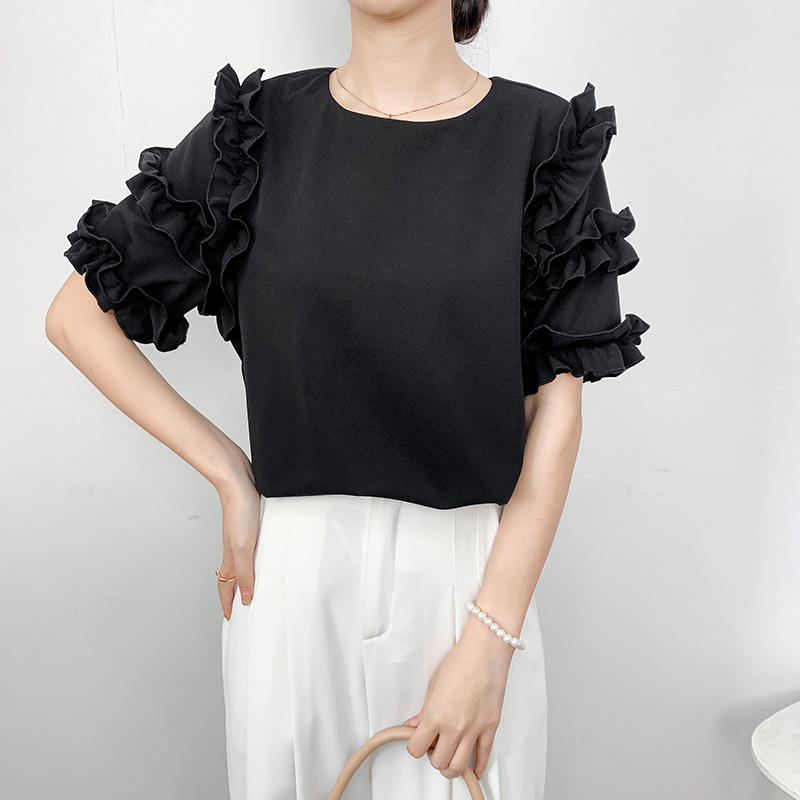 Women's Crew Neck Blouses Elegant Layered Ruffle Sleeve T-Shirt Casual Style Top Blouse - Image 2