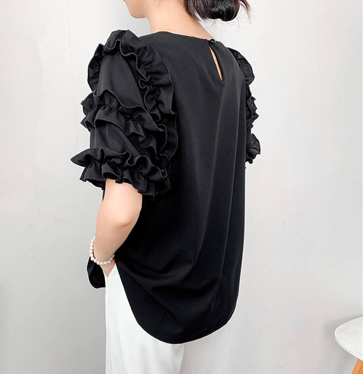 Women's Crew Neck Blouses Elegant Layered Ruffle Sleeve T-Shirt Casual Style Top Blouse - Image 4