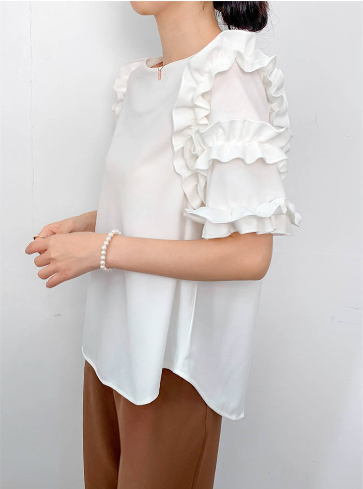 Women's Crew Neck Blouses Elegant Layered Ruffle Sleeve T-Shirt Casual Style Top Blouse - Image 5