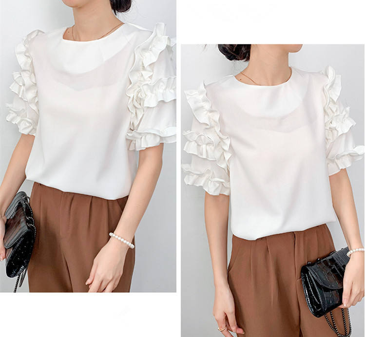 Women's Crew Neck Blouses Elegant Layered Ruffle Sleeve T-Shirt Casual Style Top Blouse