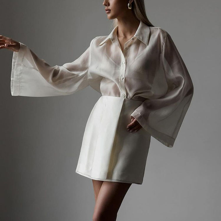 Beige Transparent Button Up Long Sleeve Shirt Fashion New Styles Summer Women's Blouses Shirts Elegant And Sexy