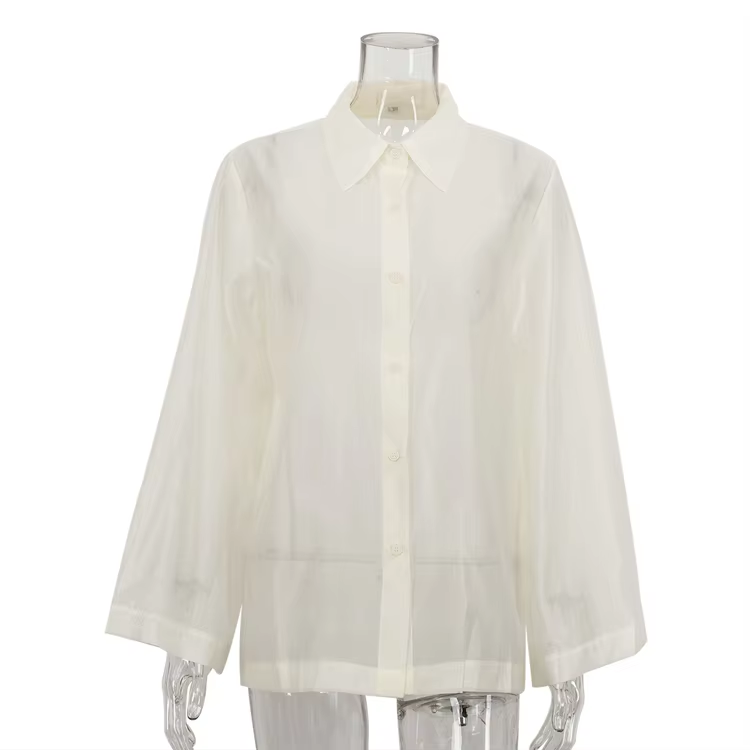 Beige Transparent Button Up Long Sleeve Shirt Fashion New Styles Summer Women's Blouses Shirts Elegant And Sexy - Image 3
