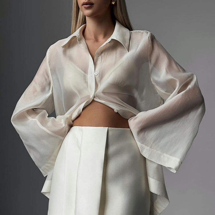 Beige Transparent Button Up Long Sleeve Shirt Fashion New Styles Summer Women's Blouses Shirts Elegant And Sexy - Image 4
