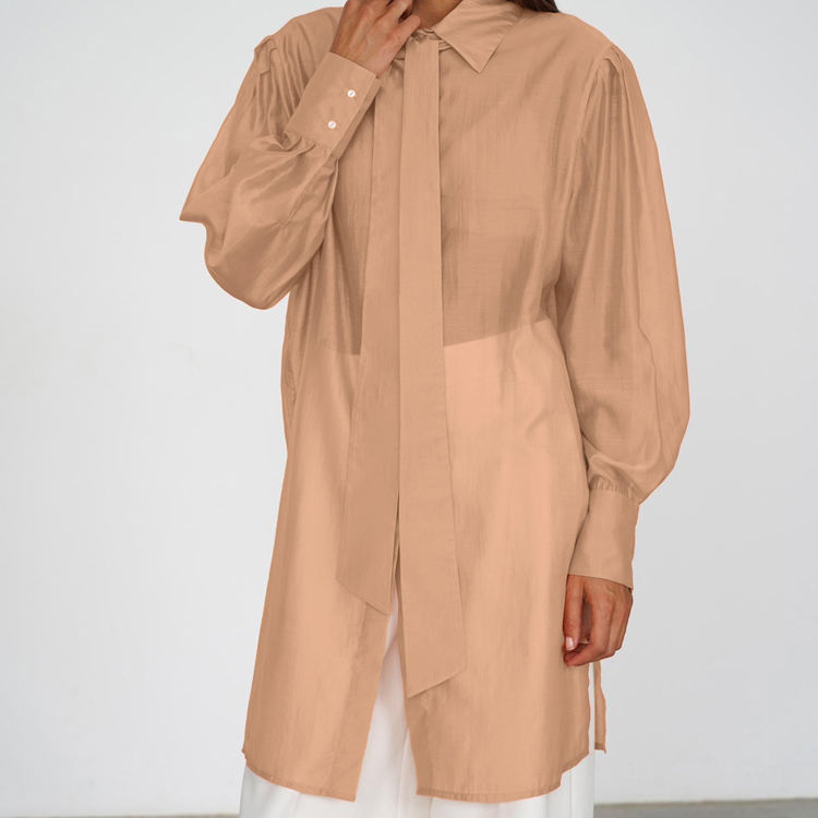 Summer Side Slit Hidden Button Up Long Sleeve See Through Designer Tops Fashion Clothing Women's Blouses Shirts With Tie - Image 2