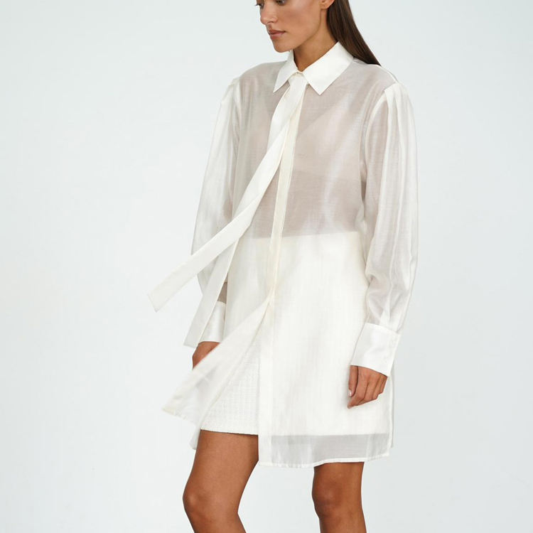 Summer Side Slit Hidden Button Up Long Sleeve See Through Designer Tops Fashion Clothing Women's Blouses Shirts With Tie