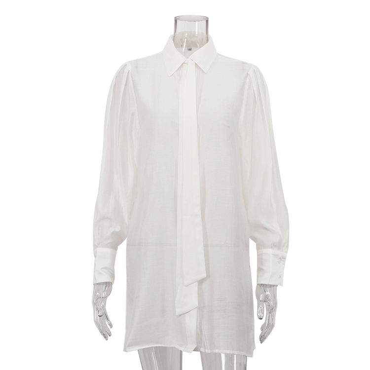 Summer Side Slit Hidden Button Up Long Sleeve See Through Designer Tops Fashion Clothing Women's Blouses Shirts With Tie - Image 6