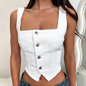 Women's Denim Tank Tops New Summer Sleeveless Button Down Crop Tops for Party Club Slim Fit Square Neck Backless Camis