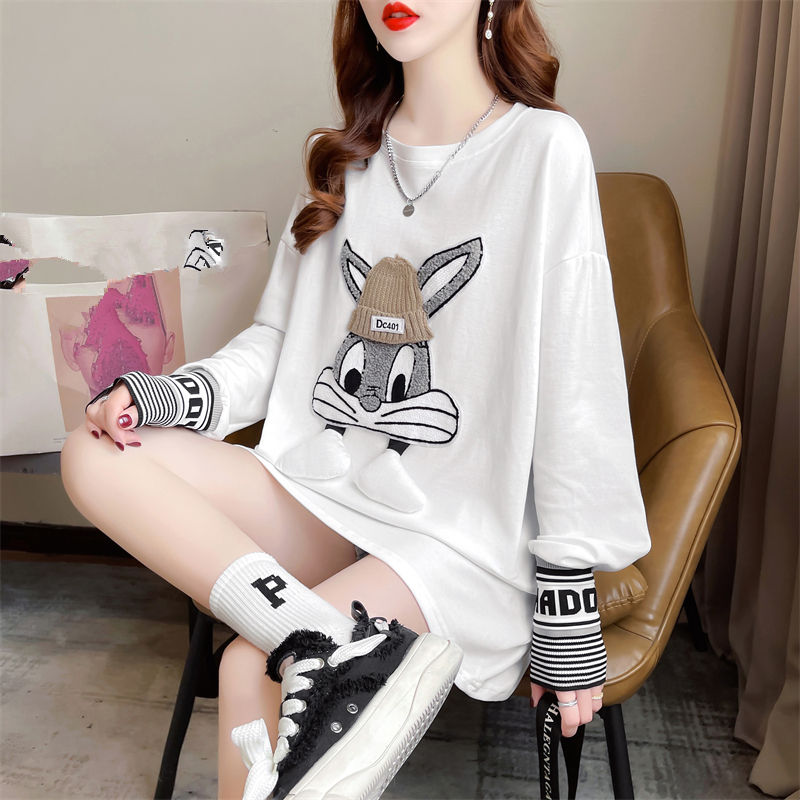 Autumn and Winter Women's Bottom Coat Round Neck Elastic Cartoon Three-dimensional Decoration Luxury Brand Long Sleeve T-shirt