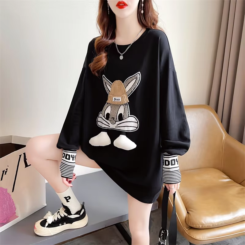 Autumn and Winter Women's Bottom Coat Round Neck Elastic Cartoon Three-dimensional Decoration Luxury Brand Long Sleeve T-shirt - Image 4