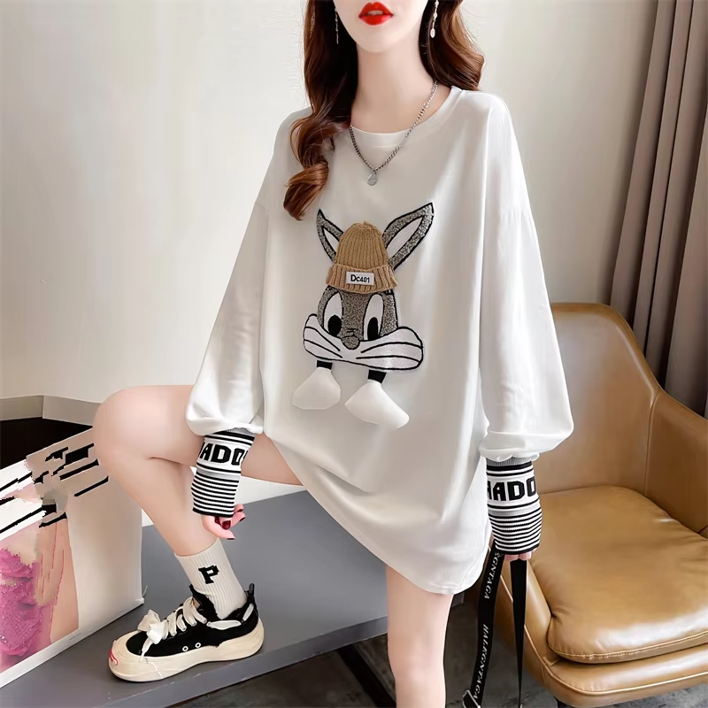 Autumn and Winter Women's Bottom Coat Round Neck Elastic Cartoon Three-dimensional Decoration Luxury Brand Long Sleeve T-shirt - Image 5