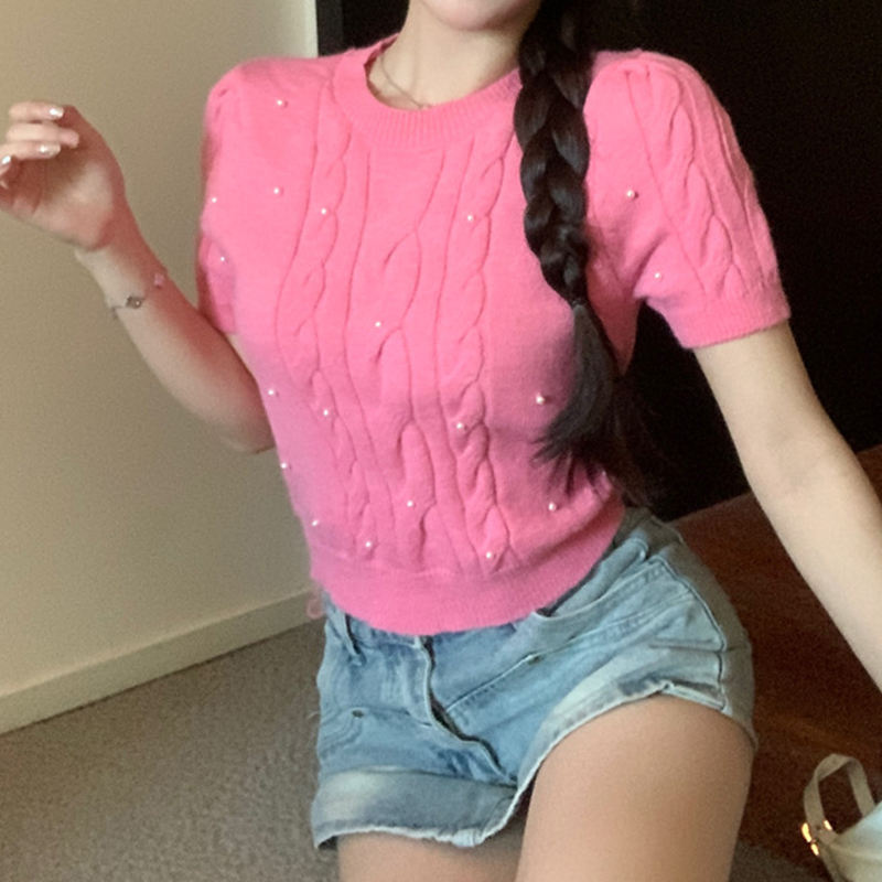 Women's Vintage Knit Sweater Autumn Beaded O-Neck Short Sleeve Casual Pullover Elegant Solid Versatile Top Chic Short Sweater - Image 4