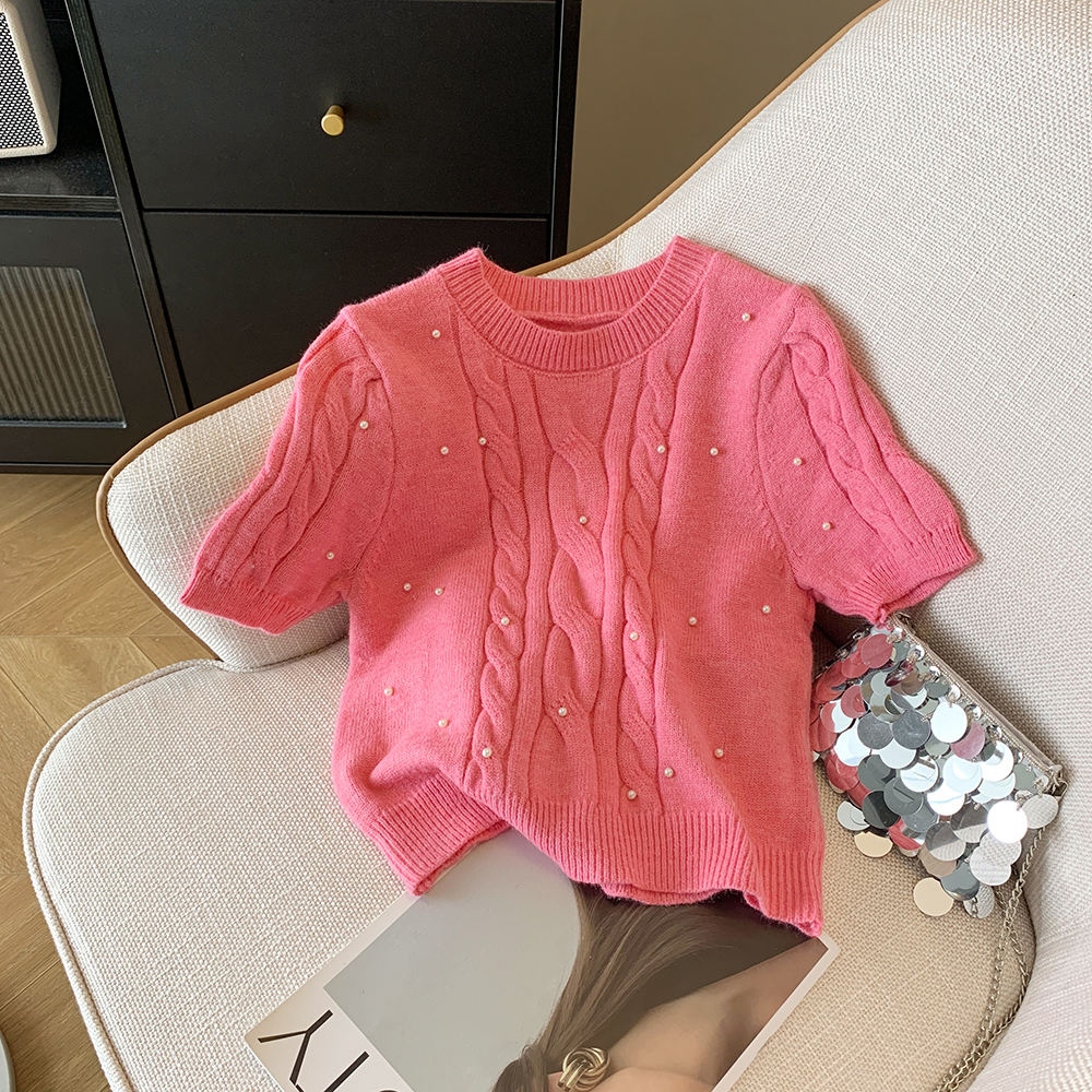 Women's Vintage Knit Sweater Autumn Beaded O-Neck Short Sleeve Casual Pullover Elegant Solid Versatile Top Chic Short Sweater - Image 3