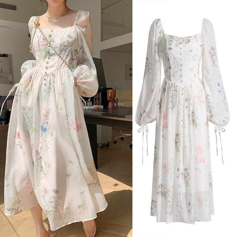 Fashion Sexy One-line Collar Bubble Sleeve Lace-up Waist Close-fitting Slimming Personalized Printing