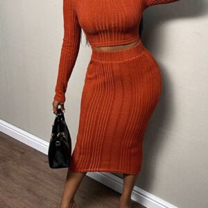 Women's High Waist Tight Suit Long Sleeve Skirt Sexy Soft Comfortable Skinny Fit Casual Style Solid Pattern Knitting