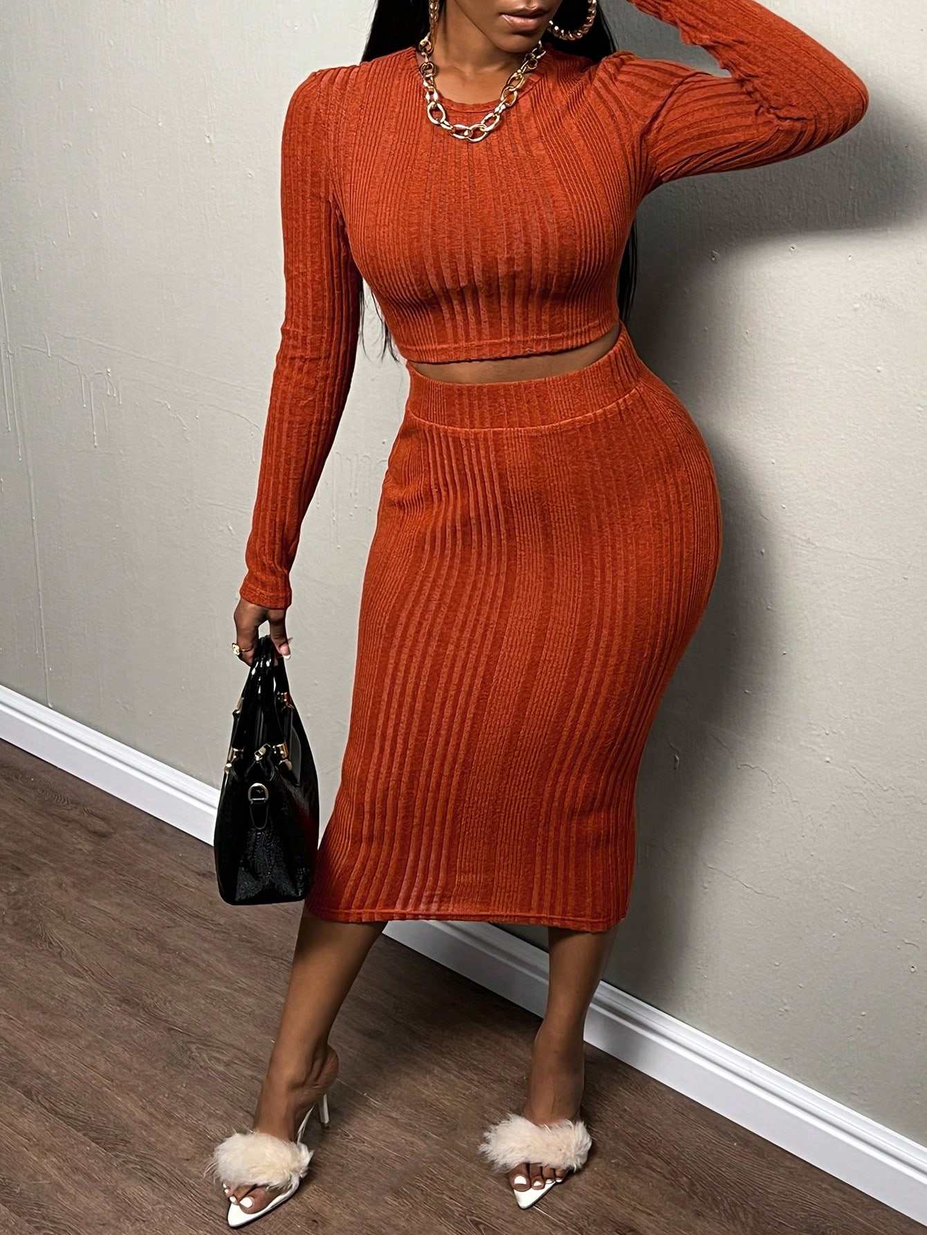 Women's High Waist Tight Suit Long Sleeve Skirt Sexy Soft Comfortable Skinny Fit Casual Style Solid Pattern Knitting