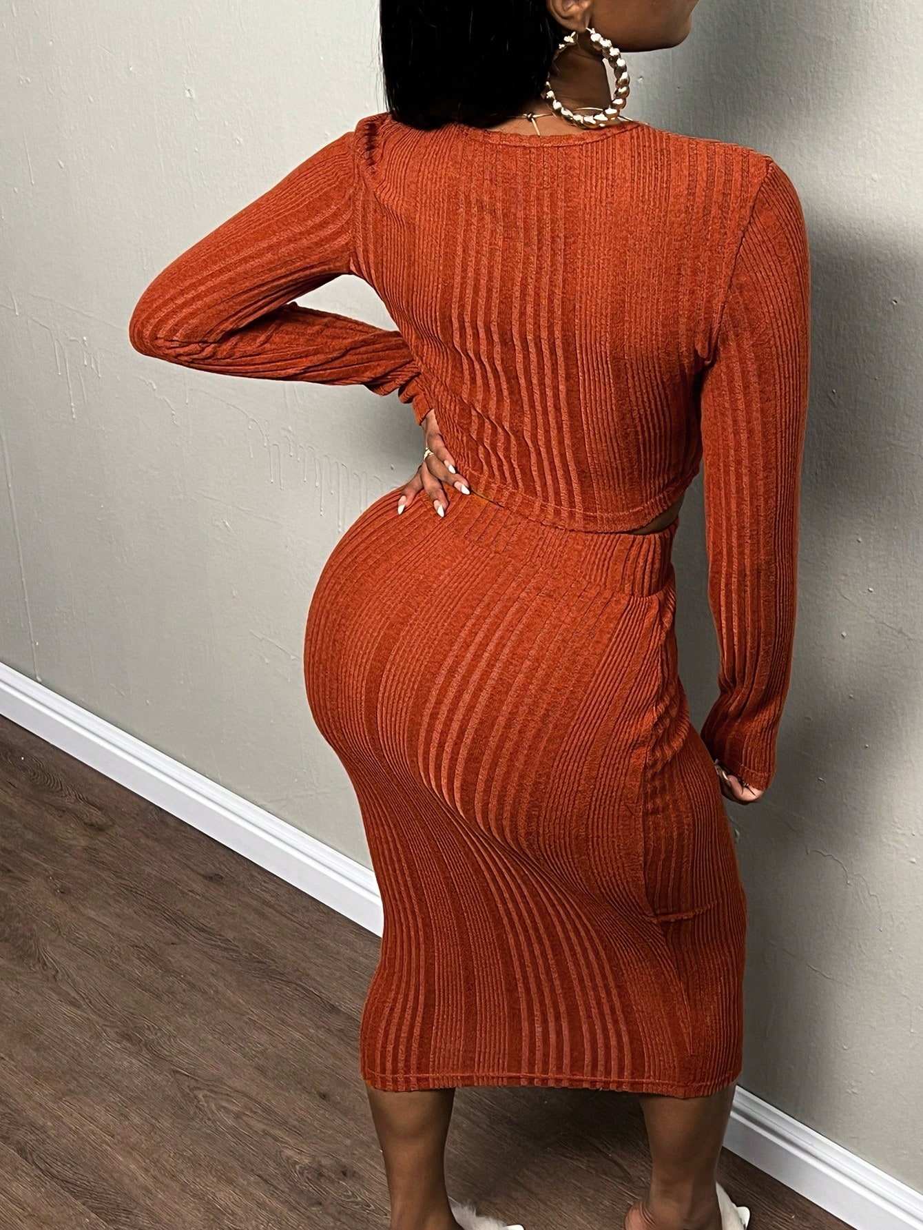 Women's High Waist Tight Suit Long Sleeve Skirt Sexy Soft Comfortable Skinny Fit Casual Style Solid Pattern Knitting - Image 2