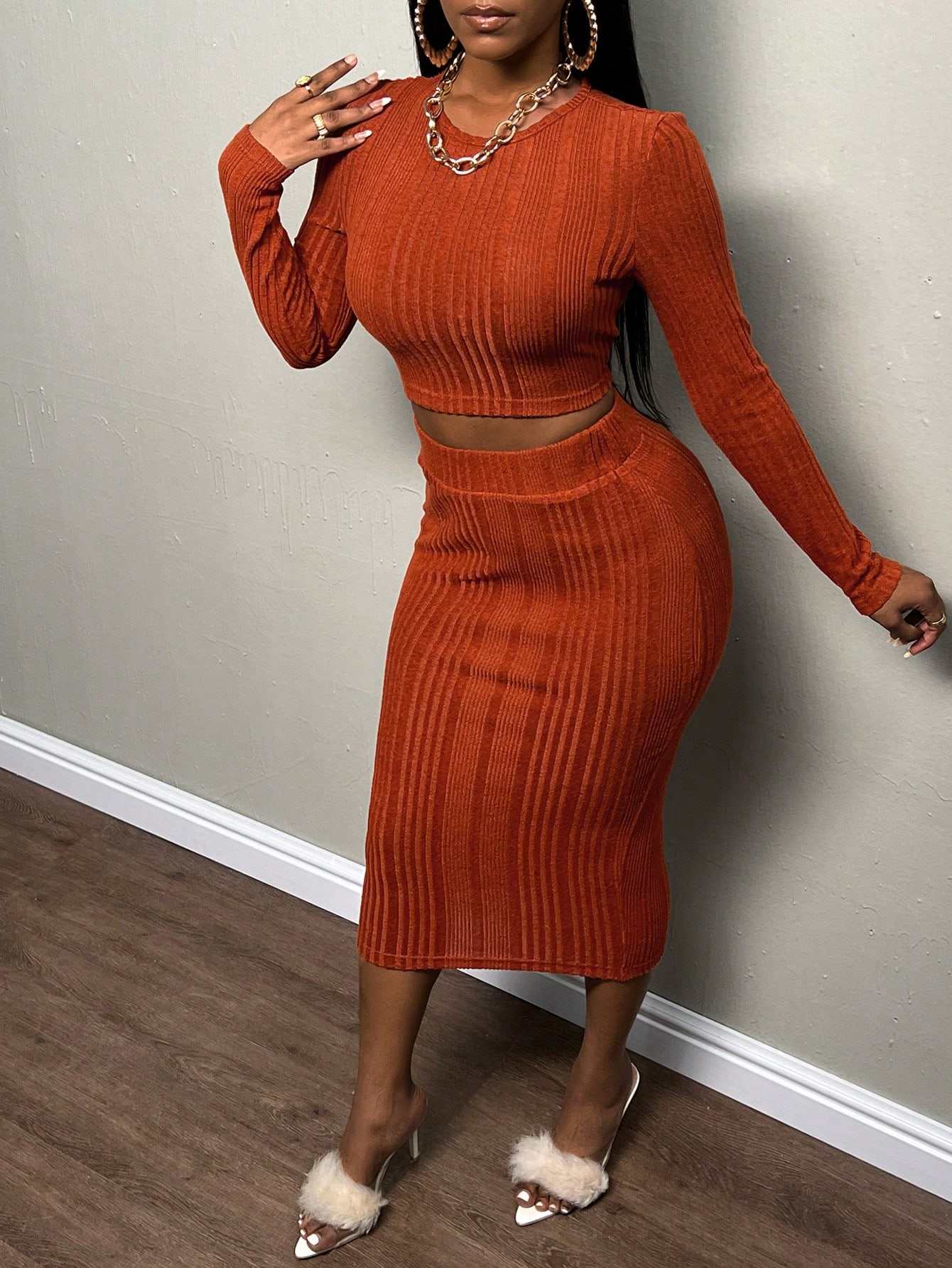 Women's High Waist Tight Suit Long Sleeve Skirt Sexy Soft Comfortable Skinny Fit Casual Style Solid Pattern Knitting - Image 3