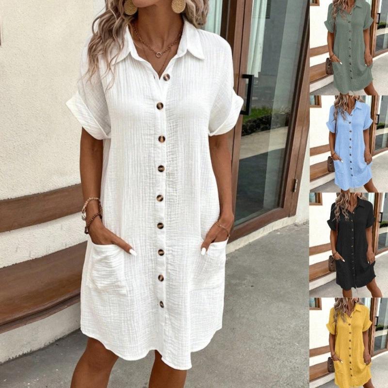 Women's Clothing New Ladies Dresses Women Lady Elegant Temperament Lapel Solid Simple Short Sleeves Shirt Dress