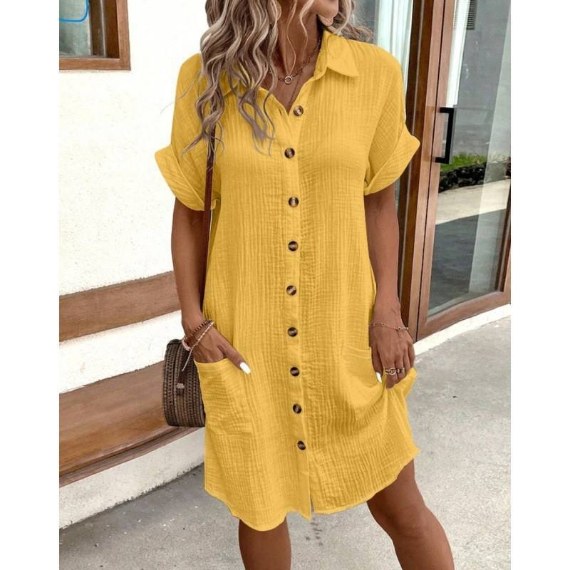 Women's Clothing New Ladies Dresses Women Lady Elegant Temperament Lapel Solid Simple Short Sleeves Shirt Dress - Image 6