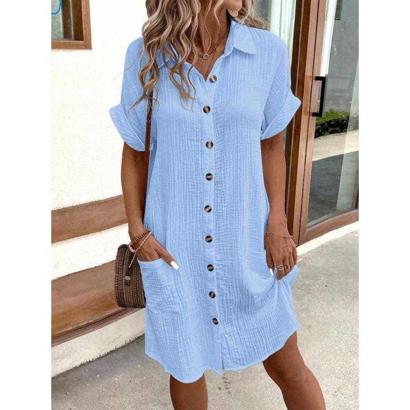 Women's Clothing New Ladies Dresses Women Lady Elegant Temperament Lapel Solid Simple Short Sleeves Shirt Dress - Image 5