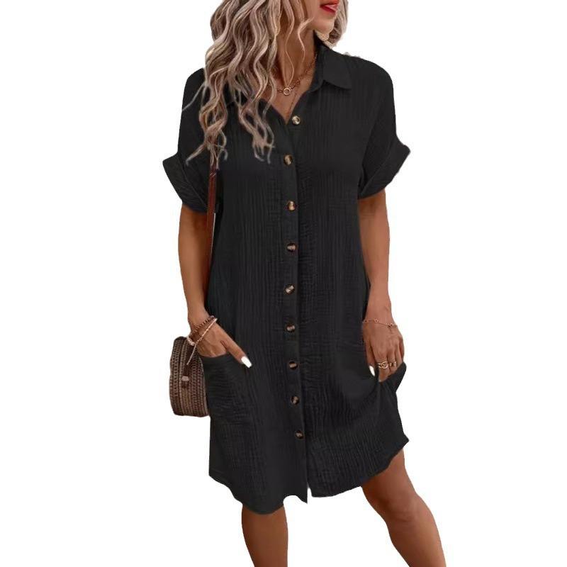 Women's Clothing New Ladies Dresses Women Lady Elegant Temperament Lapel Solid Simple Short Sleeves Shirt Dress - Image 4