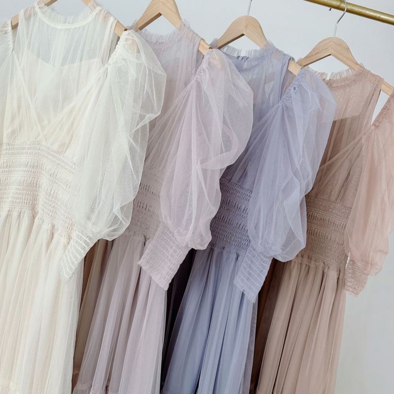 Sweet gauze bubble sleeves, one shoulder long robe, temperament, cinched waist, pleated chiffon dress for women - Image 3
