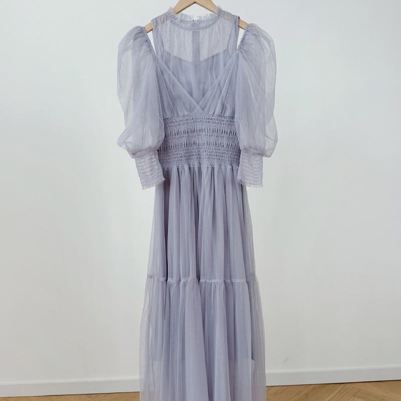 Sweet gauze bubble sleeves, one shoulder long robe, temperament, cinched waist, pleated chiffon dress for women - Image 4
