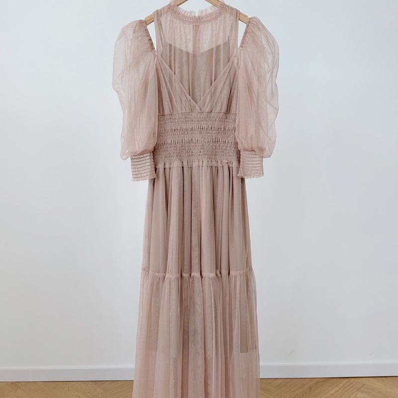 Sweet gauze bubble sleeves, one shoulder long robe, temperament, cinched waist, pleated chiffon dress for women - Image 6