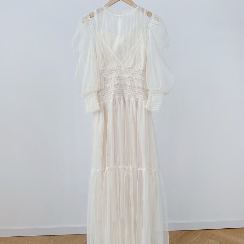 Sweet gauze bubble sleeves, one shoulder long robe, temperament, cinched waist, pleated chiffon dress for women - Image 5