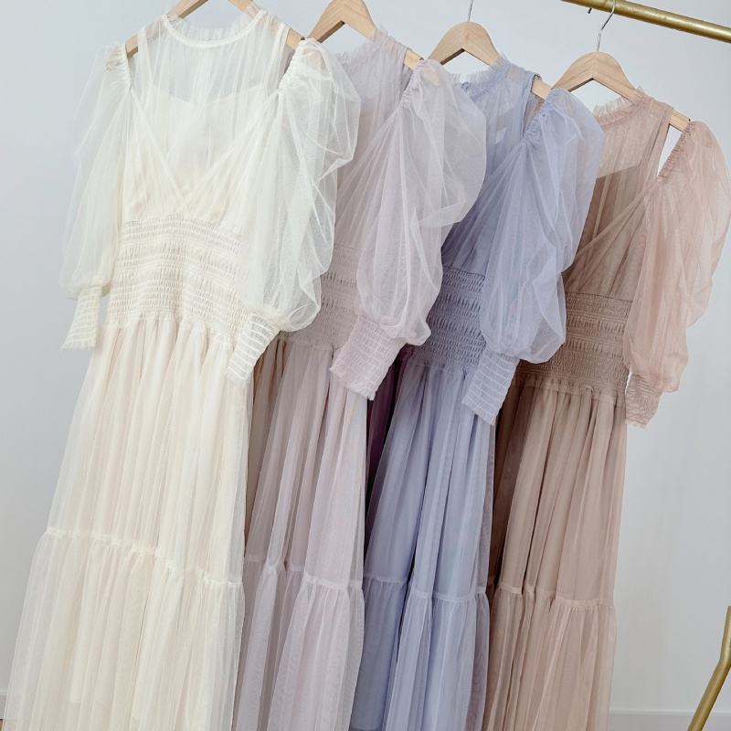 Sweet gauze bubble sleeves, one shoulder long robe, temperament, cinched waist, pleated chiffon dress for women