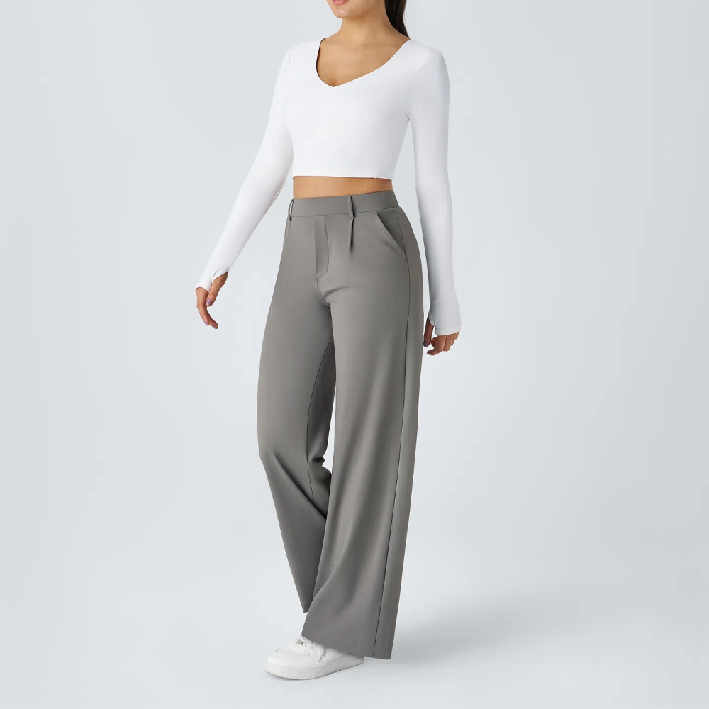 Women's high waisted fashionable solid color woven cotton wide leg pants with two side pockets loose sweater pants