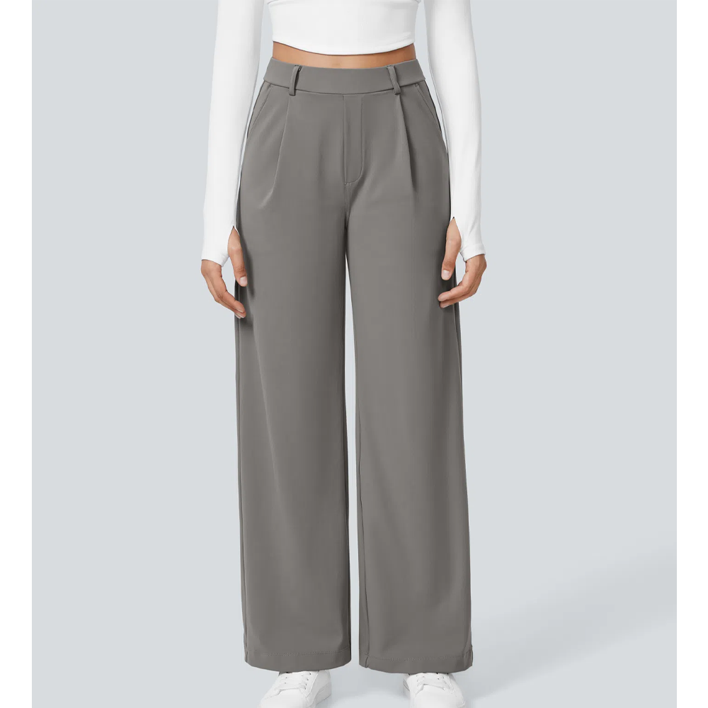 Women's high waisted fashionable solid color woven cotton wide leg pants with two side pockets loose sweater pants - Image 2