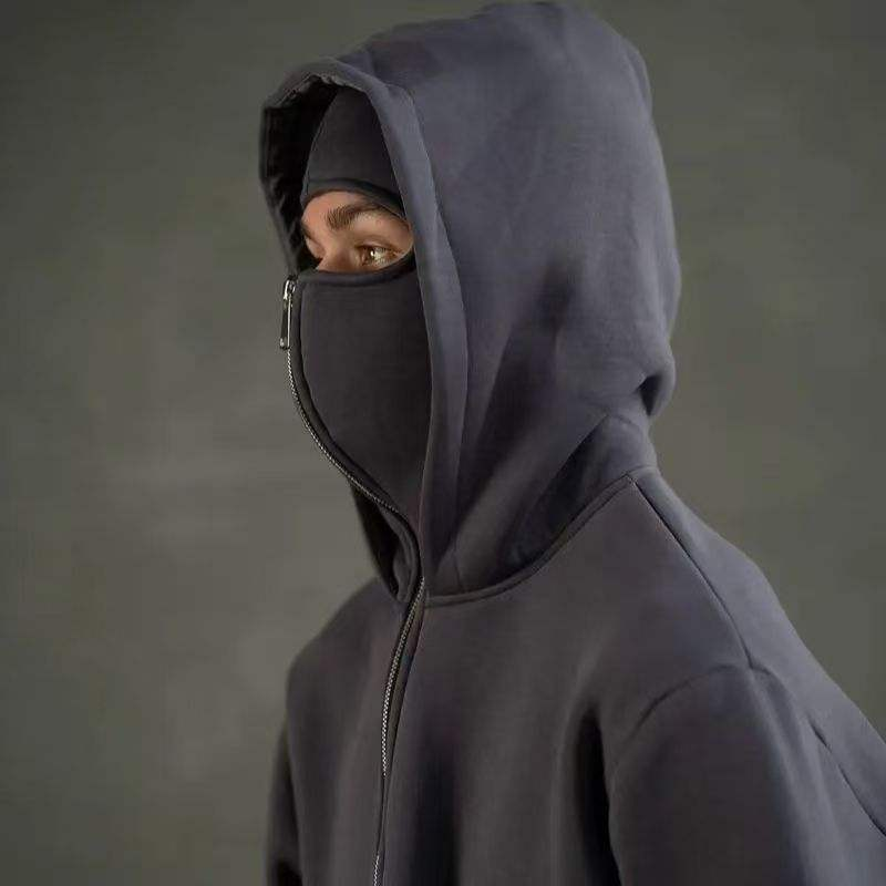 Men's casual zipper off shoulder hoodie solid color pullover sweatshirt long sleeved warm and loose oversized double hood hoodie - Image 4
