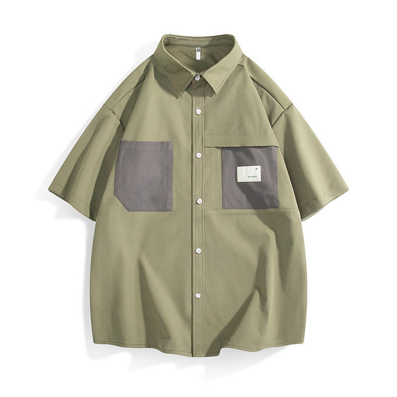 Men's summer short sleeved Hong Kong style casual jacket trendy loose solid color shirt set - Image 4