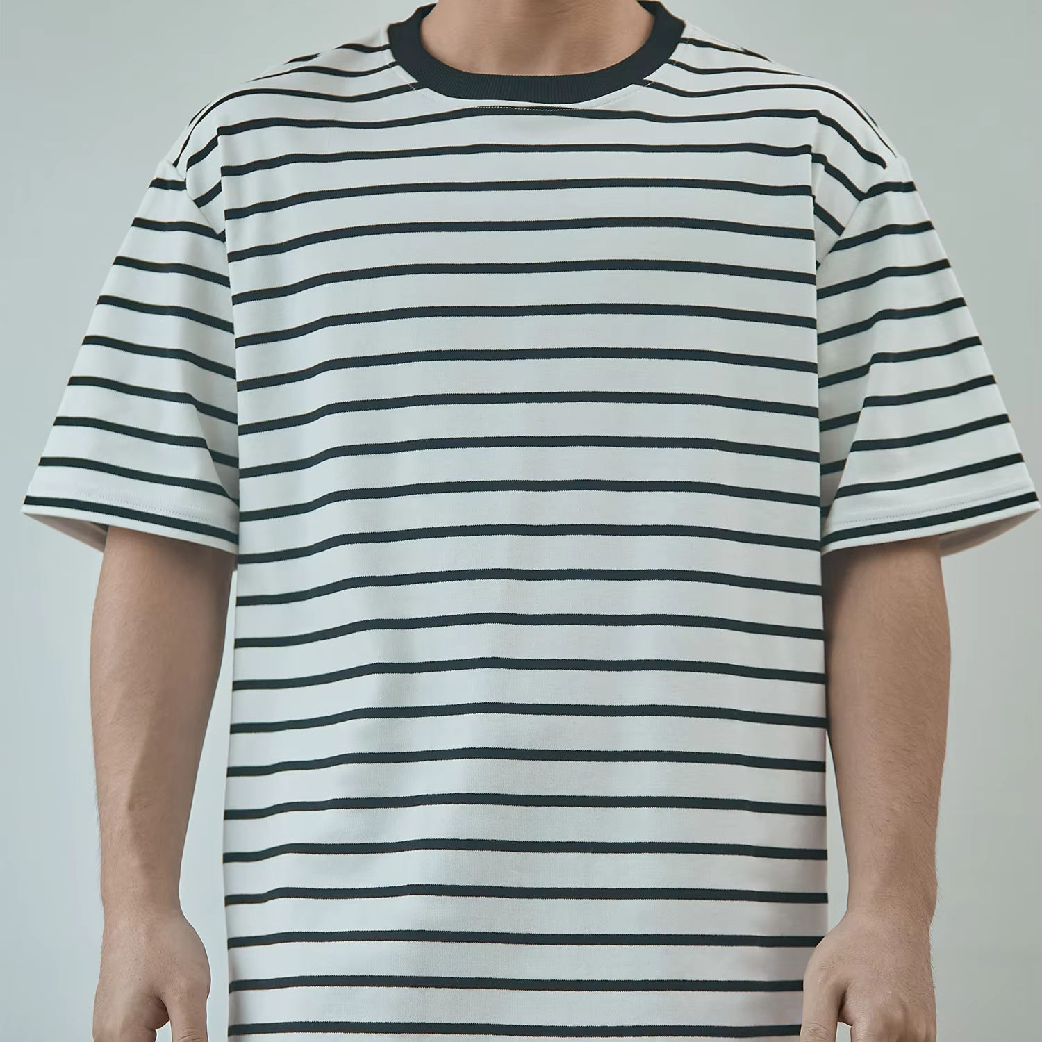 Men's high-end retro patterned striped T-shirt made of 100% pure cotton and oversized knitted fabric - Image 7