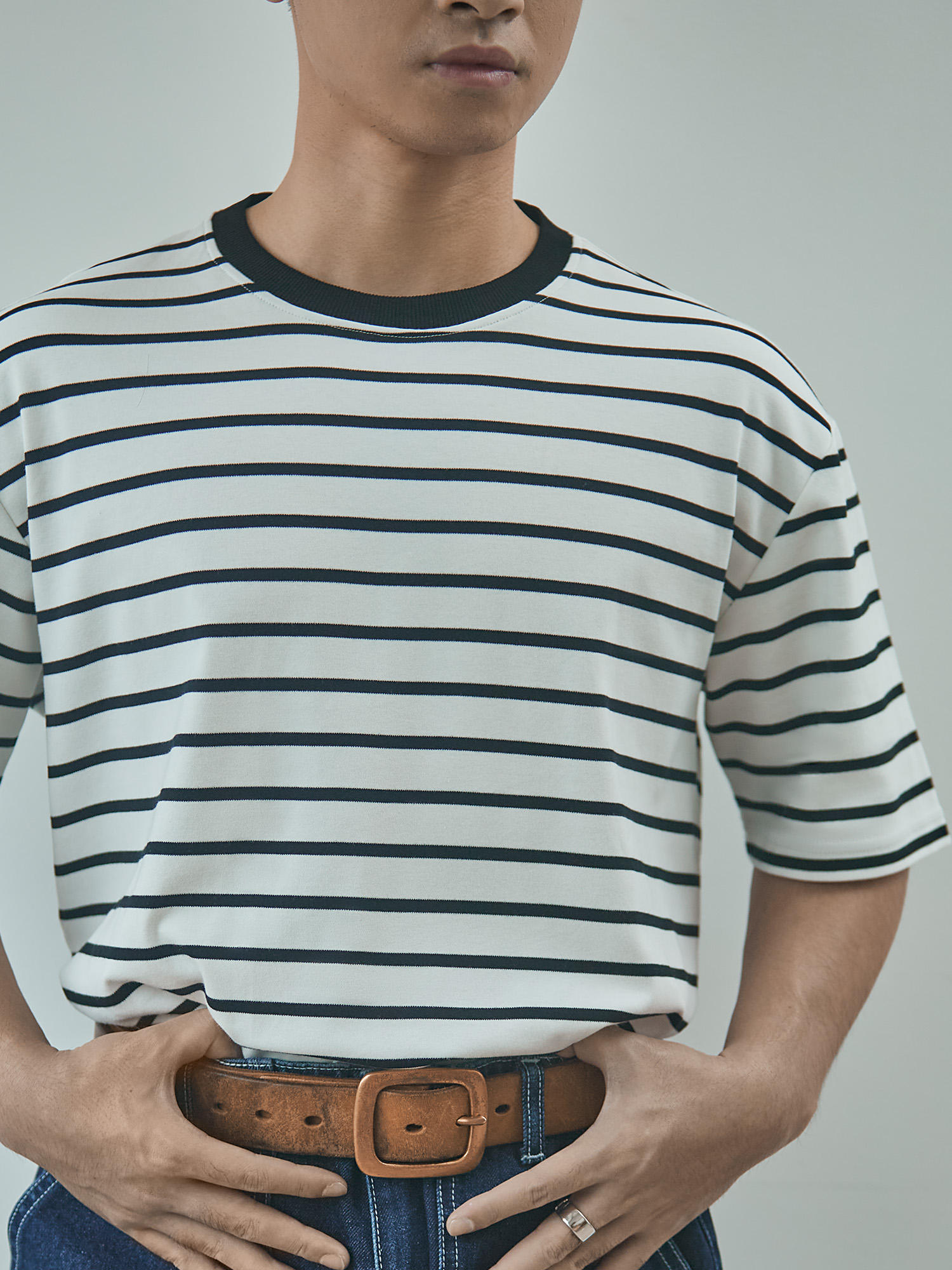 Men's high-end retro patterned striped T-shirt made of 100% pure cotton and oversized knitted fabric - Image 3