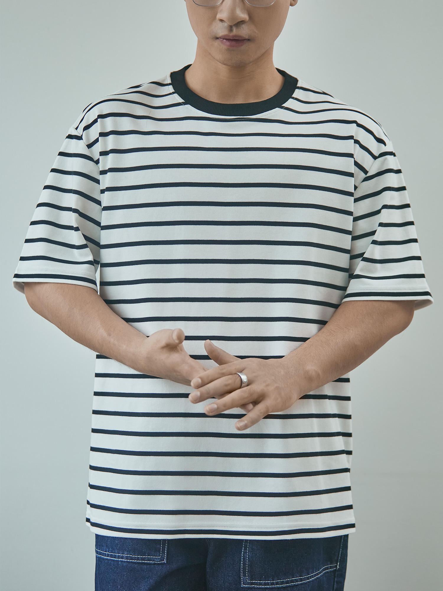 Men's high-end retro patterned striped T-shirt made of 100% pure cotton and oversized knitted fabric