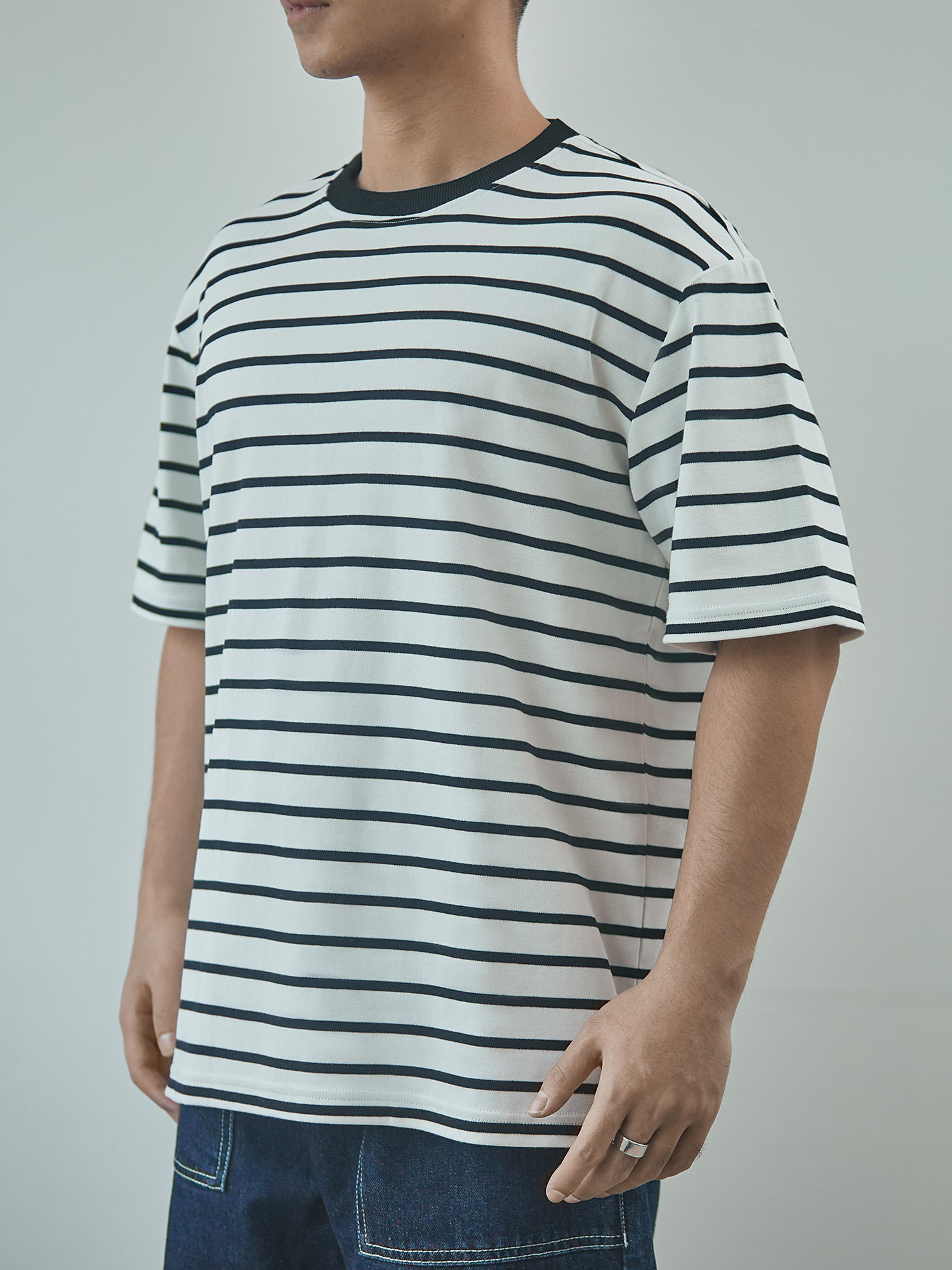 Men's high-end retro patterned striped T-shirt made of 100% pure cotton and oversized knitted fabric - Image 2