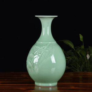 Celadon ornament set, antique Chinese style shelf decoration, carved peony, jade pot, spring bottle, transparent